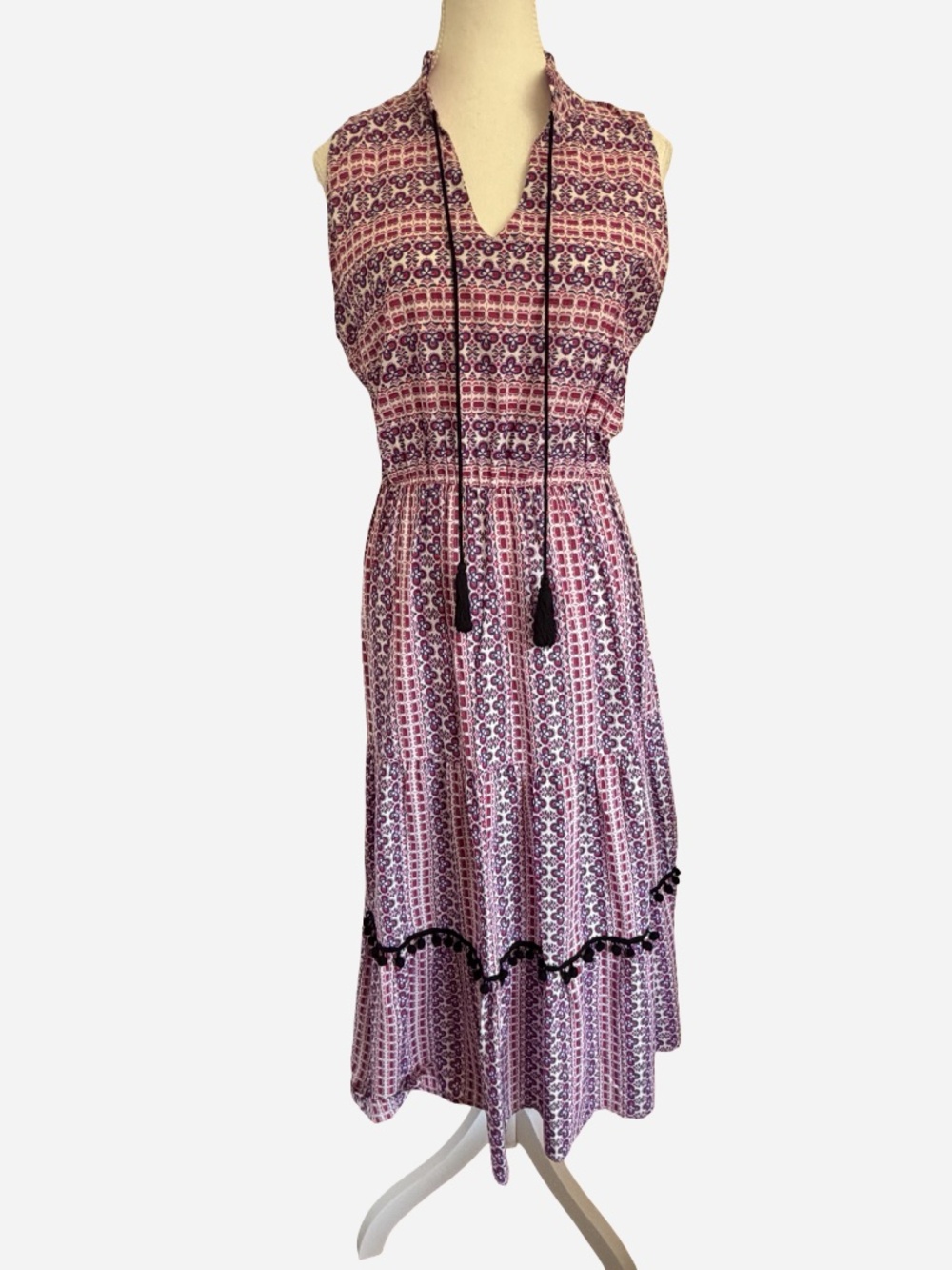 Magari Cotton Sleeveless V-Neck Lightweight Summer Vacation Tier Midi Dress-Sz-M